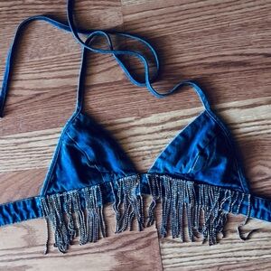 Eltophie Denim With Silver Beaded Fringe Bikini Top /Bra